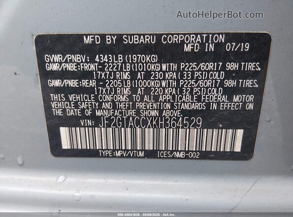 JF2GTACCXKH364529 2019 SUBARU CROSSTREK Blue 
