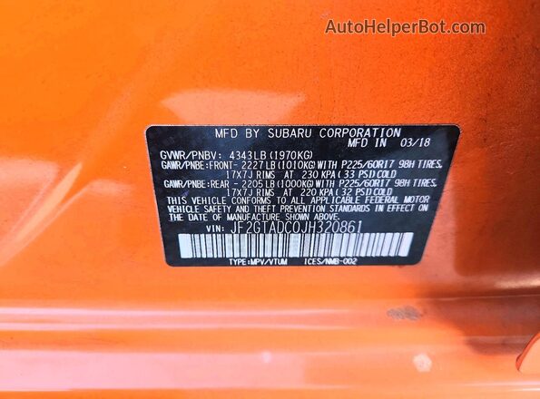JF2GTADC0JH320861 2018 SUBARU CROSSTREK Оранжевый Вид подкапотного пространства