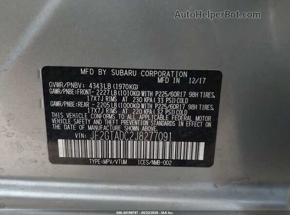 JF2GTADC2J8277091 2018 SUBARU CROSSTREK Silver Вид підкапотного простору