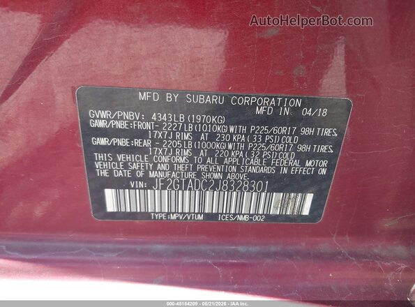 JF2GTADC2J8328301 2018 SUBARU CROSSTREK Red ძრავის განყოფილების ხედი