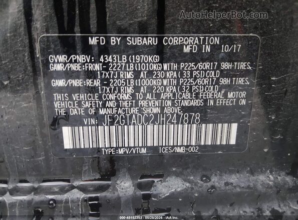 JF2GTADC2JH247878 2018 SUBARU CROSSTREK Black Widok komory silnika