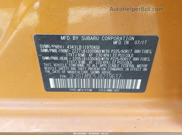 JF2GTADC5J8219637 2018 SUBARU CROSSTREK Оранжевый Вид подкапотного пространства