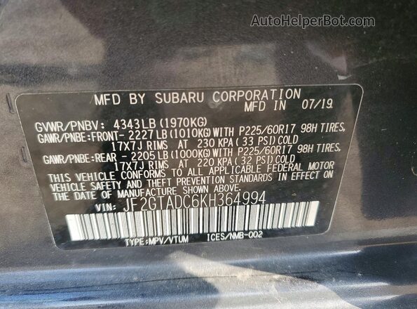 JF2GTADC6KH364994 2019 SUBARU CROSSTREK Charcoal 