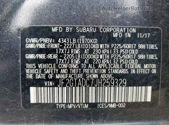 JF2GTADC7JH259329 2018 SUBARU CROSSTREK Charcoal 