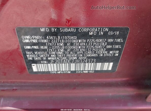 JF2GTADC7JH324373 2018 SUBARU CROSSTREK Красный Вид подкапотного пространства