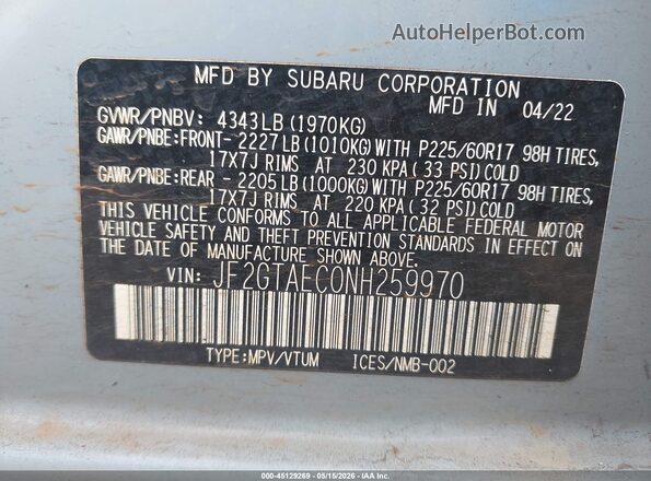 JF2GTAEC0NH259970 2022 SUBARU CROSSTREK Light Blue Widok komory silnika