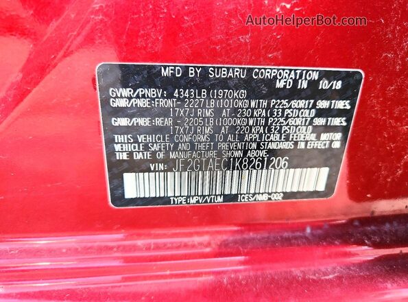 JF2GTAEC1K8261206 2019 SUBARU CROSSTREK Burgundy Vista del compartimento del motor