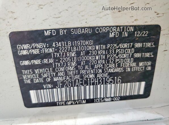 JF2GTAEC1PH319516 2023 SUBARU CROSSTREK White 