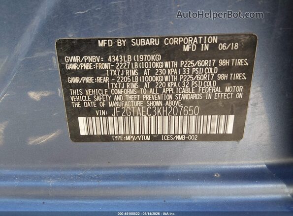 JF2GTAEC3KH207650 2019 SUBARU CROSSTREK Blue Շարժիչի բաժամունքի տեսք
