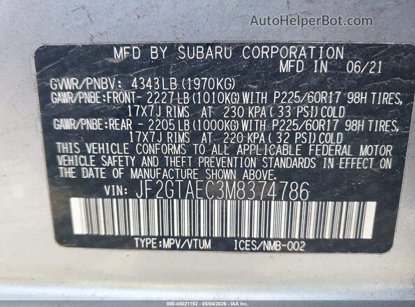 JF2GTAEC3M8374786 2021 SUBARU CROSSTREK Silver Widok komory silnika