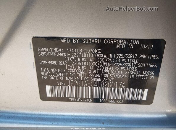 JF2GTAEC4L8200174 2020 SUBARU CROSSTREK Silver 