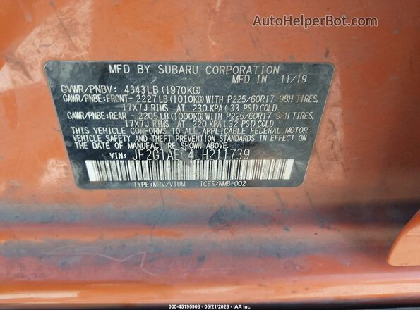 JF2GTAEC4LH211739 2020 SUBARU CROSSTREK Orange Vista del compartimento del motor