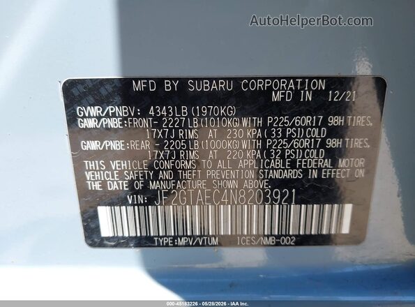 JF2GTAEC4N8203921 2022 SUBARU CROSSTREK Blue Вид підкапотного простору
