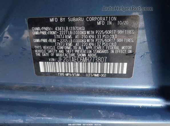 JF2GTAEC6MH273807 2021 SUBARU CROSSTREK Синий Вид подкапотного пространства