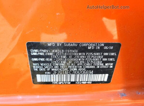 JF2GTAEC7KH206694 2019 SUBARU CROSSTREK Orange Вид підкапотного простору