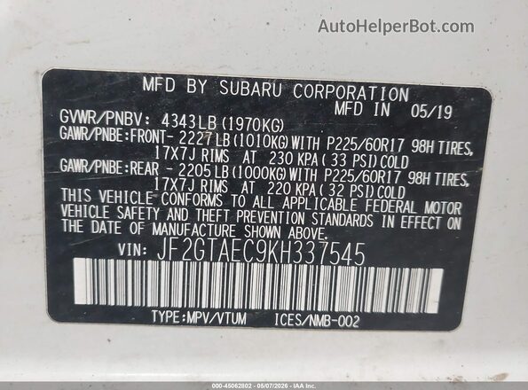 JF2GTAEC9KH337545 2019 SUBARU CROSSTREK White Engine compartment view