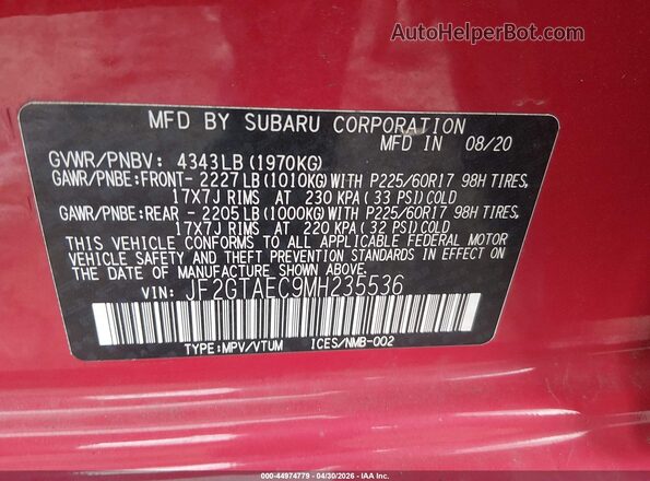JF2GTAEC9MH235536 2021 SUBARU CROSSTREK Red 