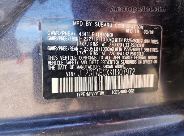 JF2GTAECXKH307972 2019 SUBARU CROSSTREK Угольный Вид подкапотного пространства