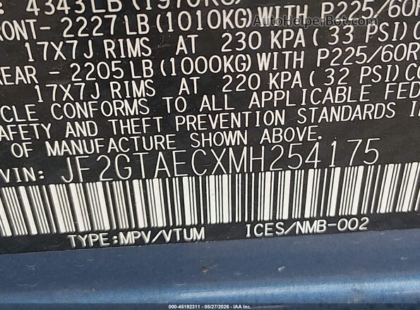 JF2GTAECXMH254175 2021 SUBARU CROSSTREK Blue Vista del compartimento del motor