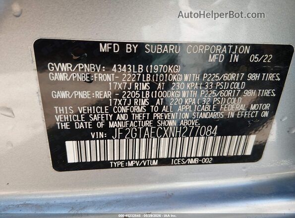 JF2GTAECXNH277084 2022 SUBARU CROSSTREK Серебряный Вид подкапотного пространства