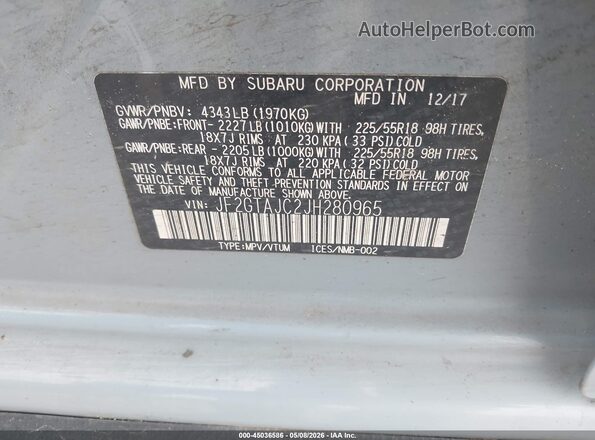 JF2GTAJC2JH280965 2018 SUBARU CROSSTREK Light Blue Widok komory silnika