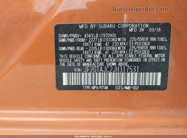 JF2GTAJC2JH317531 2018 SUBARU CROSSTREK Orange 
