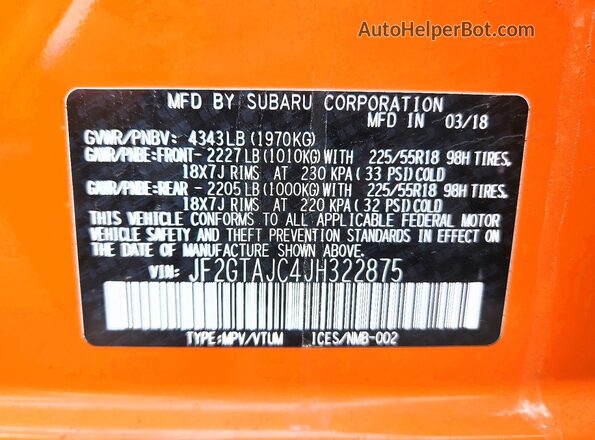 JF2GTAJC4JH322875 2018 SUBARU CROSSTREK Оранжевый 