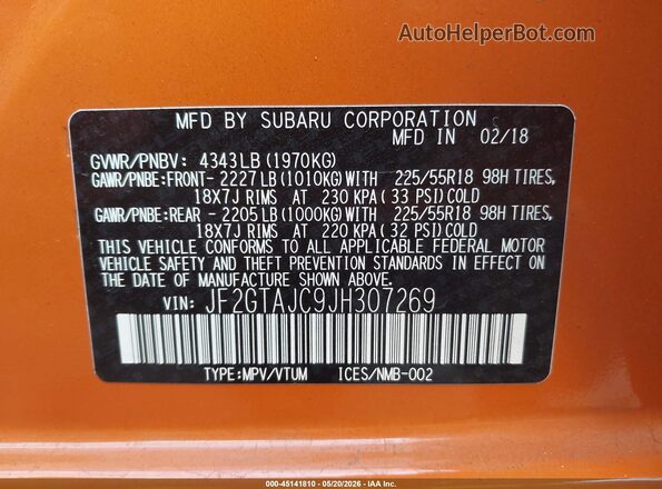 JF2GTAJC9JH307269 2018 SUBARU CROSSTREK Orange 