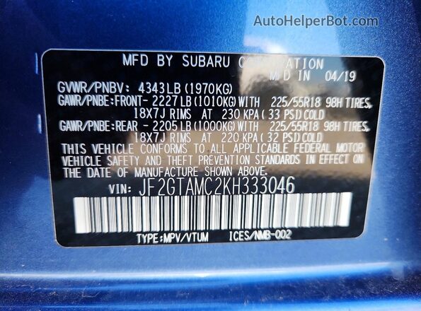 JF2GTAMC2KH333046 2019 SUBARU CROSSTREK Blue VIN կոդի պիտակի տեսք