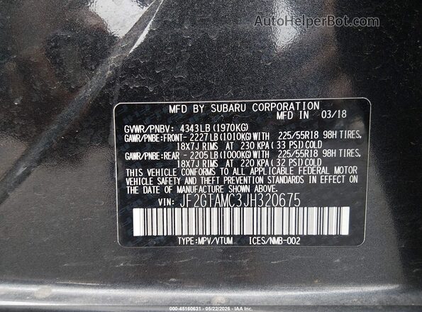 JF2GTAMC3JH320675 2018 SUBARU CROSSTREK Gray Vista del compartimento del motor