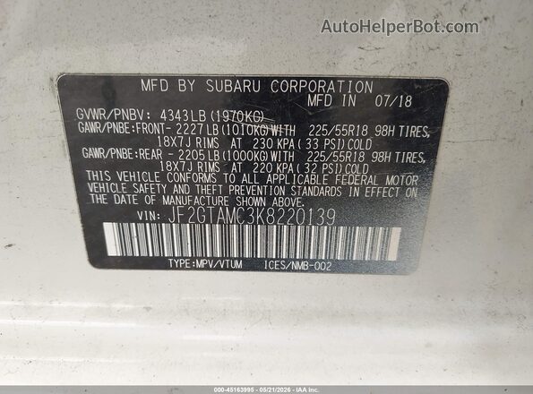 JF2GTAMC3K8220139 2019 SUBARU CROSSTREK White Engine compartment view