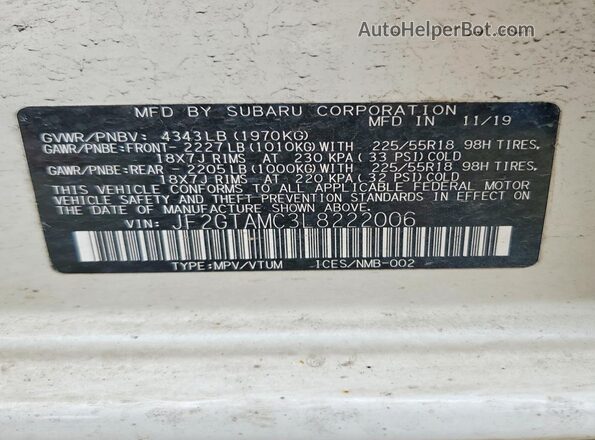 JF2GTAMC3L8222006 2020 SUBARU CROSSTREK White Widok naklejki z numerem VIN