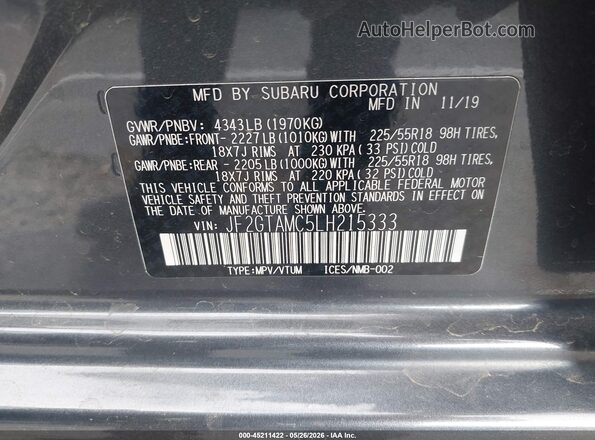 JF2GTAMC5LH215333 2020 SUBARU CROSSTREK Gray Widok komory silnika