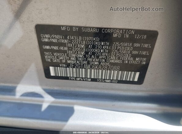 JF2GTAMC6K8287088 2019 SUBARU CROSSTREK Silver Engine compartment view