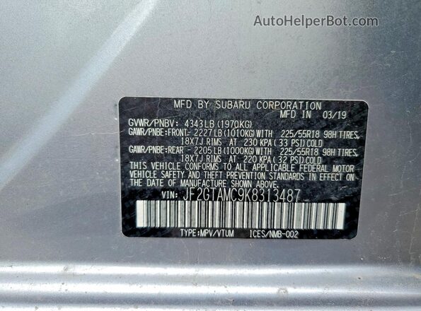 JF2GTAMC9K8313487 2019 SUBARU CROSSTREK Silver 
