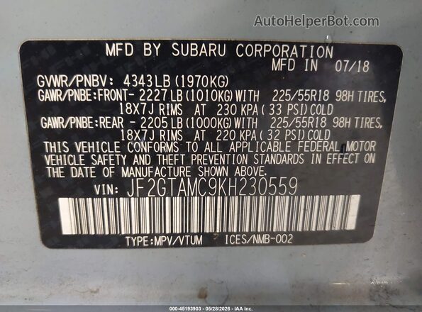 JF2GTAMC9KH230559 2019 SUBARU CROSSTREK Gray Widok komory silnika