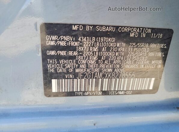 JF2GTAMCXK8278555 2019 SUBARU CROSSTREK Gray 