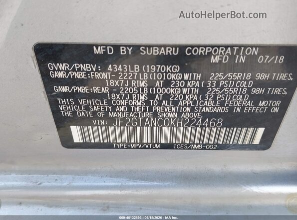 JF2GTANC0KH224468 2019 SUBARU CROSSTREK Silver Շարժիչի բաժամունքի տեսք