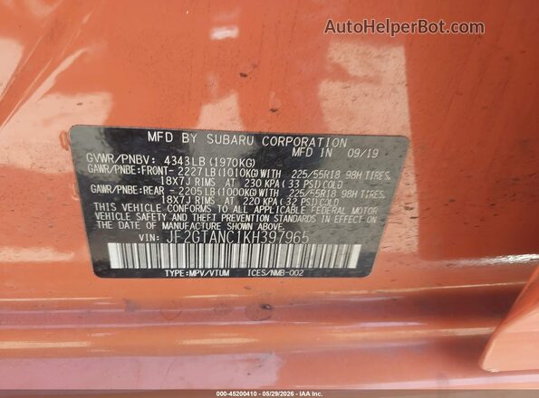 JF2GTANC1KH397965 2019 SUBARU CROSSTREK Orange Vista del compartimento del motor