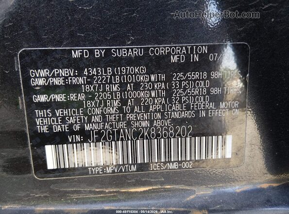 JF2GTANC2K8368202 2019 SUBARU CROSSTREK Dark Blue Շարժիչի բաժամունքի տեսք