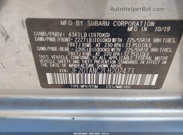 JF2GTANC2LH202473 2020 SUBARU CROSSTREK Серебряный Вид подкапотного пространства
