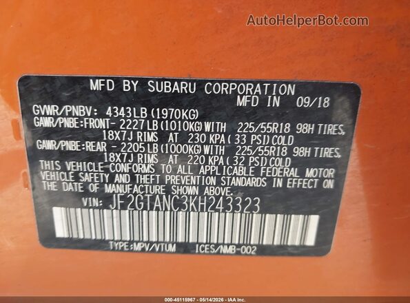 JF2GTANC3KH243323 2019 SUBARU CROSSTREK Orange Շարժիչի բաժամունքի տեսք