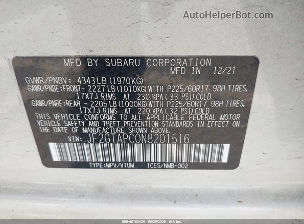 JF2GTAPC0N8201516 2022 SUBARU CROSSTREK White Շարժիչի բաժամունքի տեսք