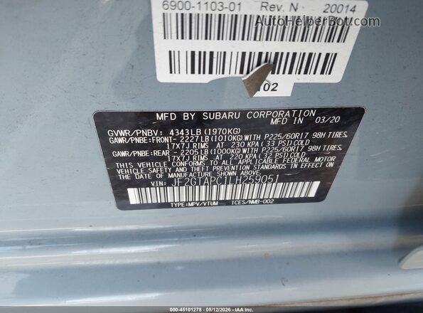 JF2GTAPC1LH259051 2020 SUBARU CROSSTREK Light Blue Вид підкапотного простору