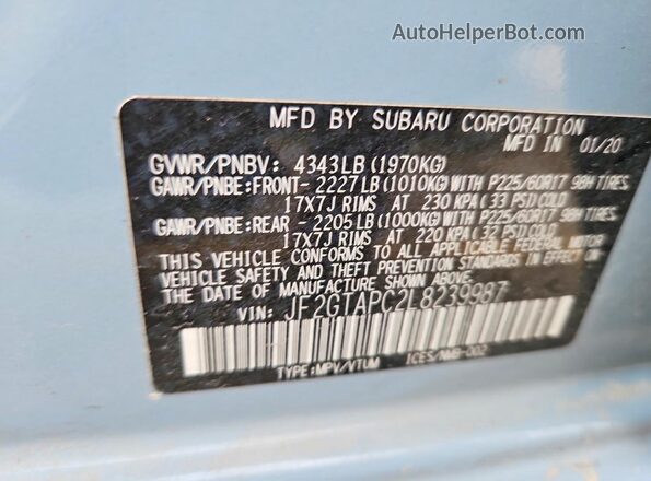 JF2GTAPC2L8239987 2020 SUBARU CROSSTREK Blue Շարժիչի բաժամունքի տեսք