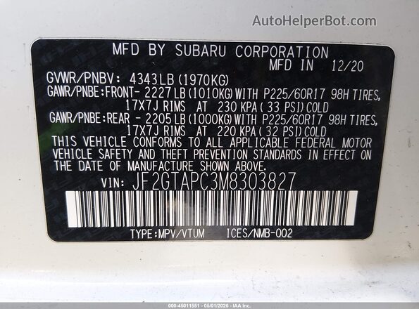 JF2GTAPC3M8303827 2021 SUBARU CROSSTREK White Vista del compartimento del motor