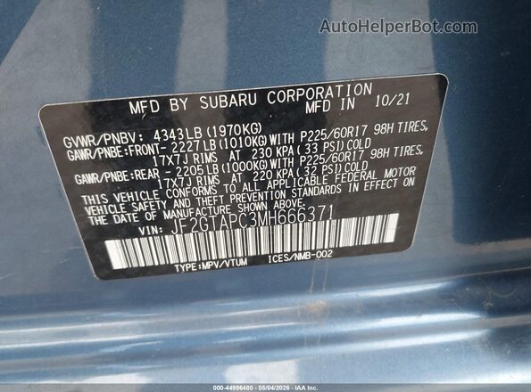 JF2GTAPC3MH666371 2021 SUBARU CROSSTREK Blue Engine compartment view