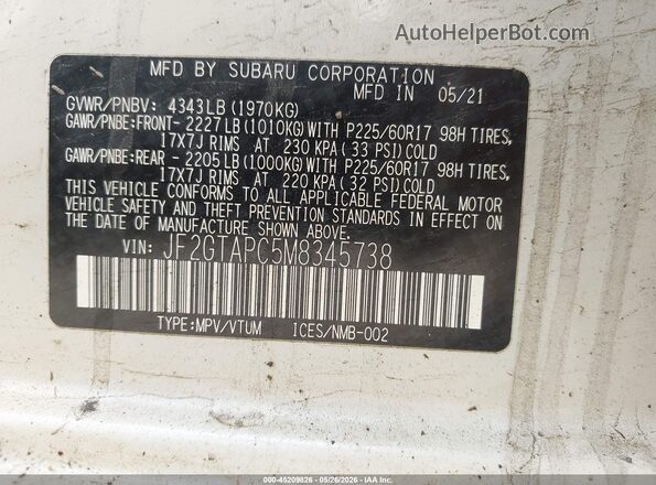 JF2GTAPC5M8345738 2021 SUBARU CROSSTREK White 