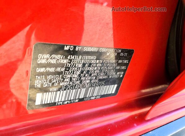 JF2GTAPC7MH349225 2021 SUBARU CROSSTREK Red Widok naklejki z numerem VIN