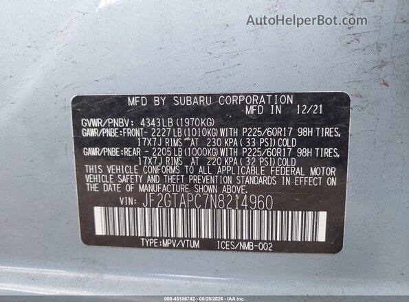 JF2GTAPC7N8214960 2022 SUBARU CROSSTREK Light Blue Вид подкапотного пространства